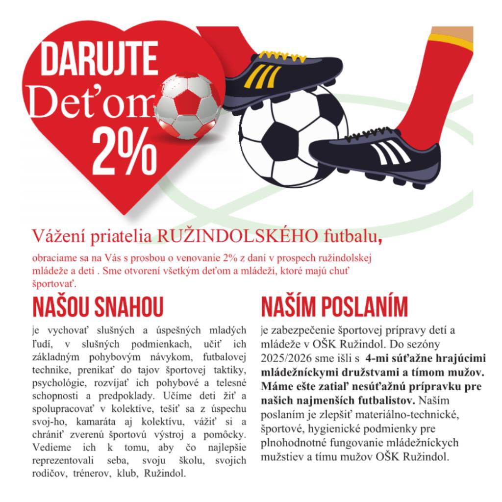Vážení priatelia RUŽINDOLSKÉHO futbalu, obraciame sa na Vás s prosbou o venovanie 2 % daní v prospech ružindolskej mládeže a detí.