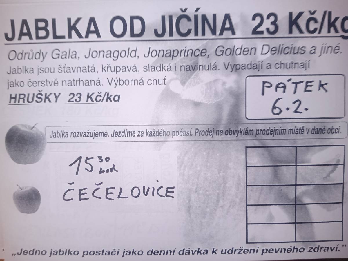 V pátek 6.2.2026 od 15.30 hodin bude na návsi prodej jablek a hrušek od Jičína.