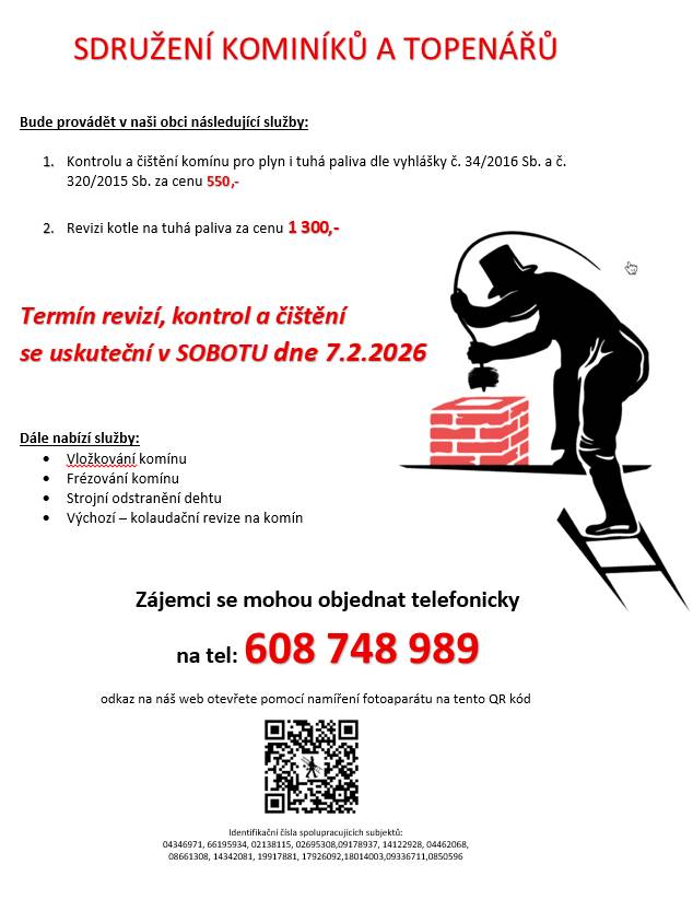 Kominictví a topenářský servis nabízí 7.2. čištění a revizi komínů a kotlů. Objednávejte na tel. 608748989. Cena: 550 Kč/komín, 1300 Kč/t.kotel.