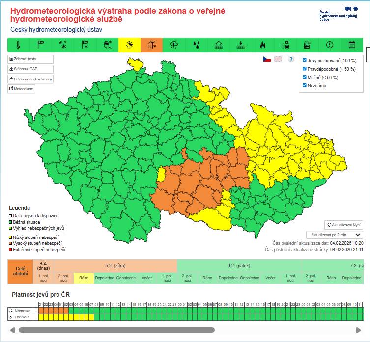 Večer a v noci na čtvrtek očekáváme od jihovýchodu místy mrznoucí déšť s tvorbou ledovky. Nebezpečí úrazů při uklouznutí. Při pohybu venku je třeba chodit velmi patrně, starší nebo méně mobilní lidé by měli omezit vycházení ven. Výstraha platí do 5. 2. 2026 9:00 hodin. Buďte opatrní!