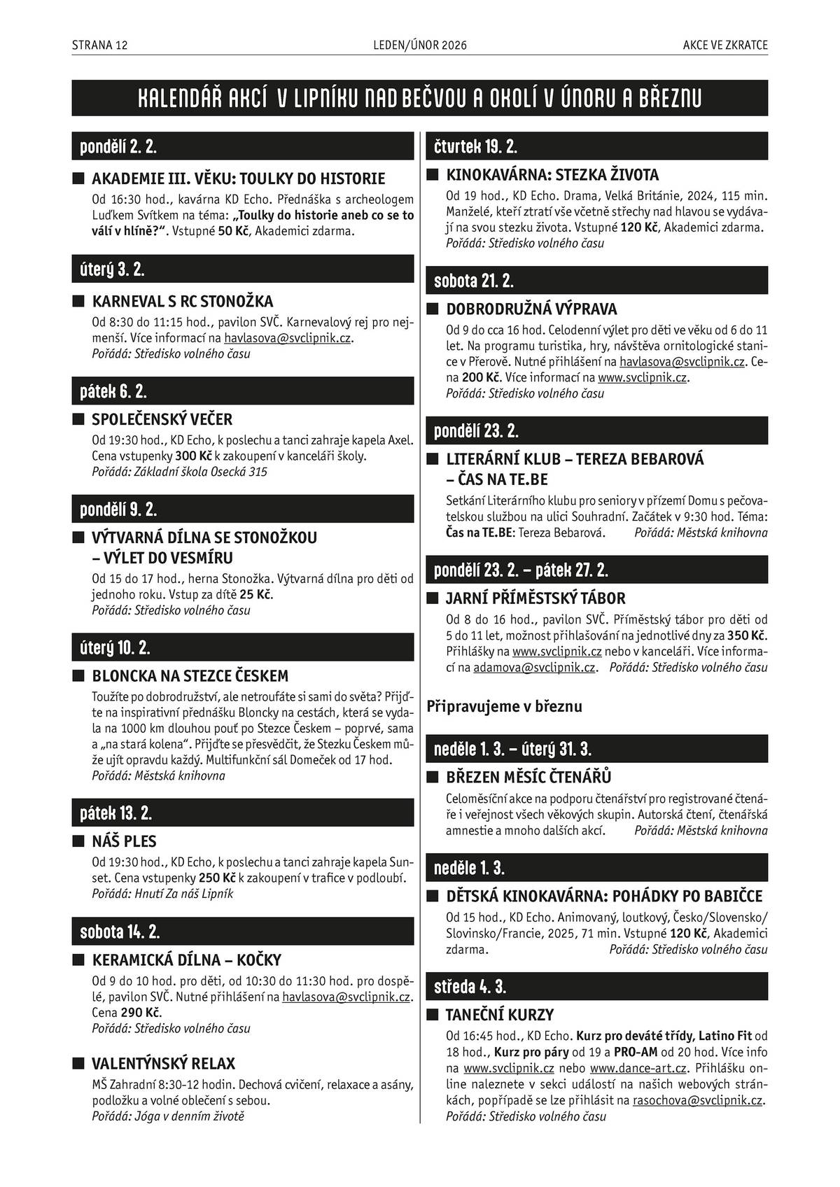Přehled akcí v Lipníku nad Bečvou a okolí v měsíci únoru