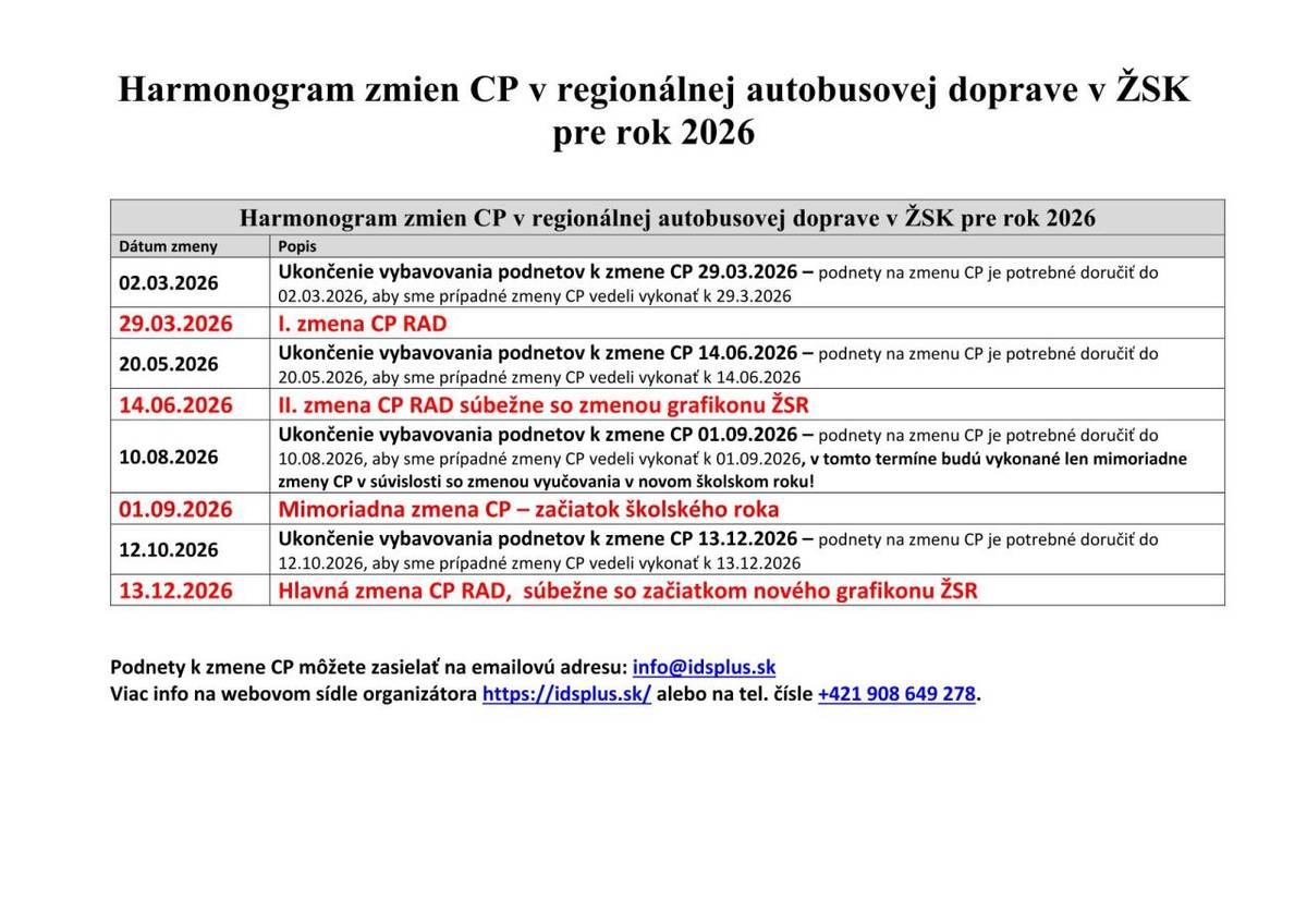 Integrovaná doprava Žilinského a Trenčianskeho kraja informuje o harmonograme zmien cestovných poriadkov pre rok 2026.
