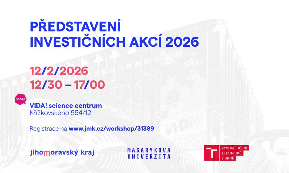 🎓 Společně s MUNI a VUT zveme na představení plánu investičních akcí a záměrů na zahájení konkrétních veřejných zakázek na stavební a projektové práce pozemních staveb pro kalendářní rok 2026 a následující léta.    Registrace zde. 📝    ℹ️ Účastníci setkání se dozví bližší informace o několika desítkách projektů. Akce je vhodná pro velké, střední i malé dodavatele.