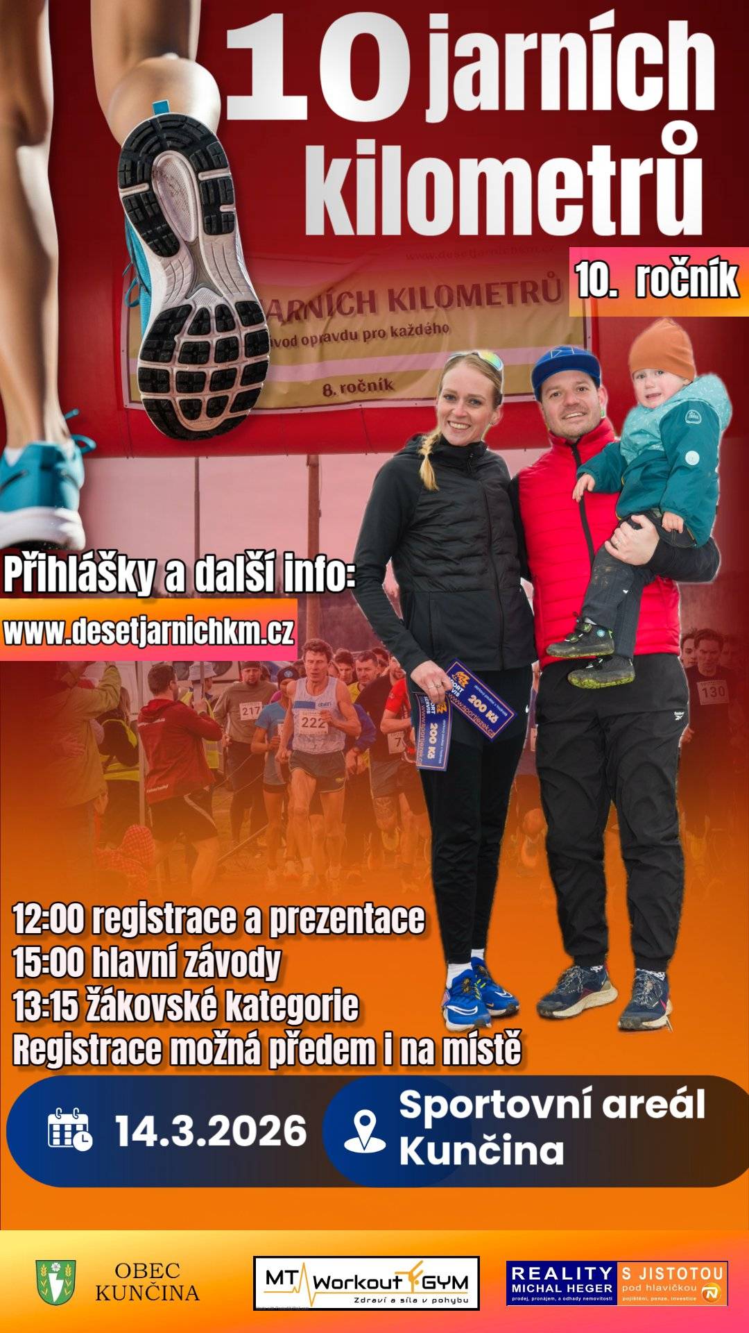 Deset jarních kilometrů z. s., vás a vaše děti společně zvou ➡️ v sobotu 14.3.2026 do Kunčiny, na 10 jubilejní ročník běžeckého závodu 10 jarních kilometrů. Součástí jsou i závody pro děti a hobby závod. Prezentace a registrace na závody v různých kategoriích se koná od 12.00hod. ve sportovním areálu v Kunčině. Během závodu, který povede z Kunčiny přes Udánky a Sušice, bude částečně omezen provoz vozidel v těchto lokalitách. Prosíme tímto řidiče o shovívavost a snížení rychlosti v daných úsecích. Každý účastník akce obdrží startovní balíček, vítězové obdrží originální medaile, věcné dary, prize money pro nejrychlejšího muže a nejrychlejší ženu, které je vyhlášeno i pro překonání traťových rekordů ve stejných kategoriích. Pro děti je zajištěn doprovodný program. Šatny, sprcha a občerstvení nejen pro závodníky je zajištěno přímo na hřišti. Propozice a registraci k závodům najdete na našich stránkách www.desetjarnichkm.cz.