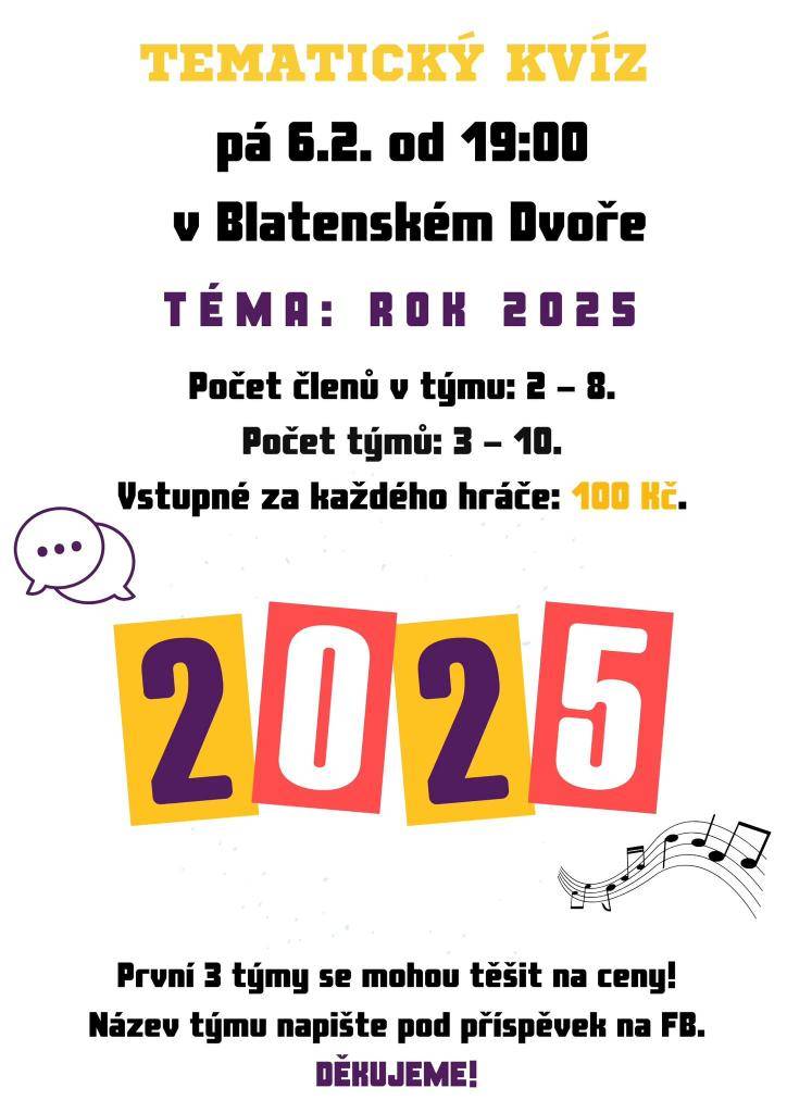 V pátek 6. 2. 2026 se v Blatenském dvoře uskuteční Tématický kvíz na téma ROK 2025.