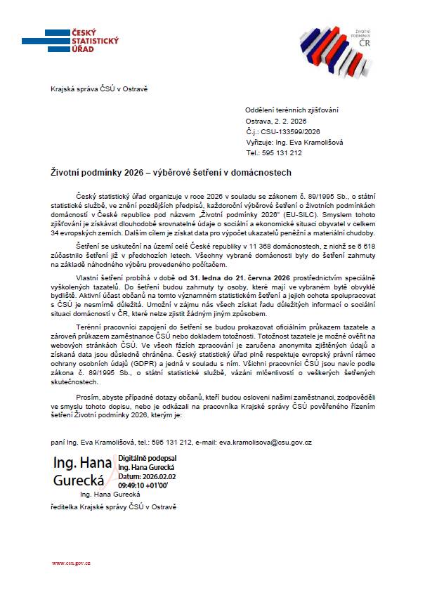 Český statistický úřad bude v roce 2026 organizovat šetření v domácnostech.