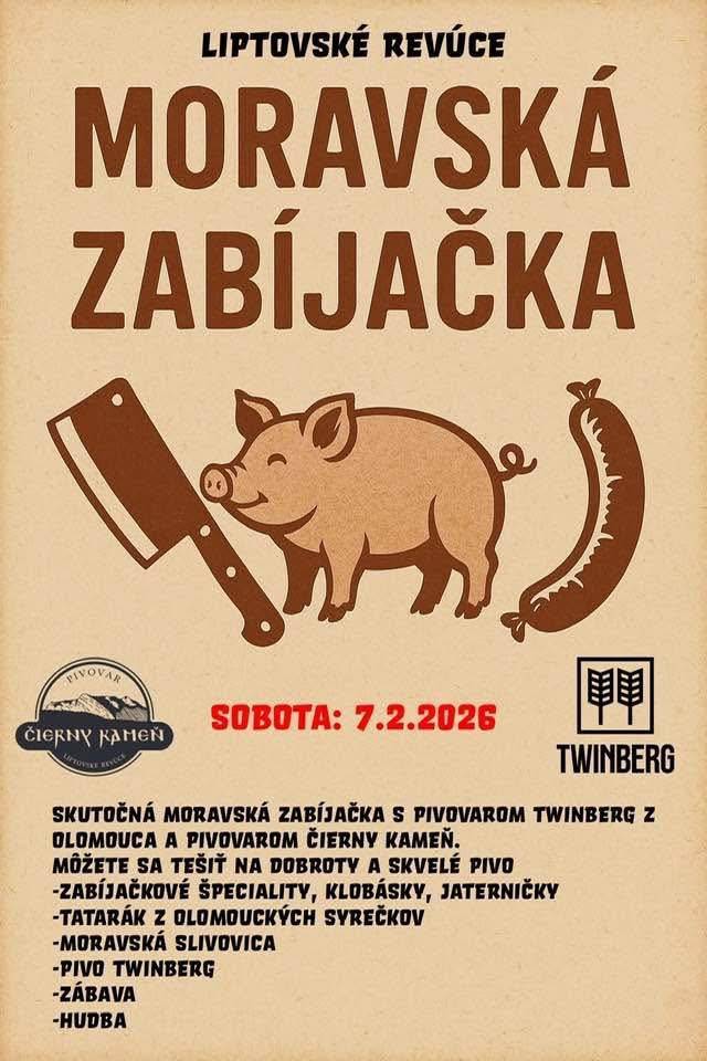 Pivovar Čierny kameň Vás srdečne pozýva NA MORAVSKO-LIPTOVSKÉ GASTRO RANDE   Sobota 7. februára 2026 – Liptovské Revúce    Príďte si užiť deň plný vôní, chutí a dobrej nálady!  Všetci milovníci jedla, dobrého pitia a zábavy, zbystrite pozornosť – Moravsko-Liptovské gastro rande v Liptovských Revúcac