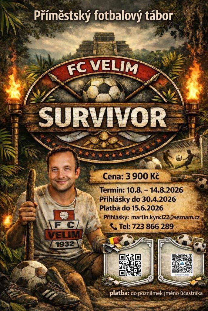 FC Velim zve mladé sportovce na příměstský tábor FC Velim Survivor, který proběhne od 10. do 14. srpna 2026. Účastníci se mohou těšit na bohatý program plný fotbalu a týmových výzev. Cena za tábor je 3 900 Kč a přihlášky je nutné podávat do 30. dubna 2026.