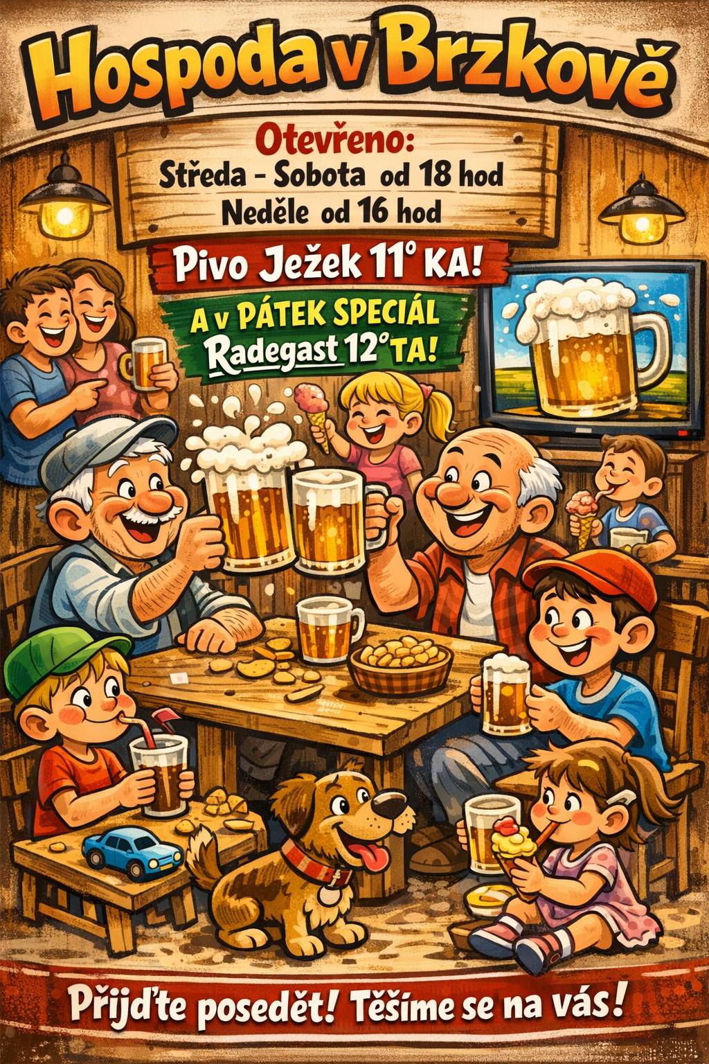 🍺🤣 POZOR, POZOR! ŽÍZEŇ SE BLÍŽÍ! 🤣🍺 Když doma není co pít, když lednička mlčí a žízeň má poslední slovo… 👉 řešení je jediné – HOSPODA! 🕕 Otevřeno: Středa – Sobota: od 18:00 (dokud se chce) Neděle: od 16:00 (na rozjezd týdne) 🍻 Na čepu teče radost: ➡️ Ježek 11° – pivo, co neurazí tchýni ani štamgasta 🔥 PÁTEČNÍ BOMBA: Radegast 12° – silnější než vůle jít domů 👶👨👩👴 Pro malé i velké: Děti s limčou, dospělí s pivem, 🍺 Stoly plné smíchu 😆 Sklenice nikdy prázdné (skoro) 👨👩👧👦 Pro všechny generace: Mladí, staří, babičky, dědové i děti (limonáda i nanuk a lízátko se taky najde 😉) 📺  televize – sport, zábava dobrá hudba  😄 Pohoda, smích a dobrá nálada zaručena 👉 Přijď posedět, pokecat, zasmát se a zapomenout, kolik je hodin. 🍷💃 DÁMY, NEBOJTE SE – MY NA VÁS MYSLÍME! 💃🍷 Myslíte si, že hospoda je jen pivo a chlapi u stolu? Kdepak! 😄 👉 Víno máme taky! – prostě takové, co zlepší náladu i večer. Vezměte kamarádky, manžela klidně nechte hlídat děti (nebo ho vezměte s sebou 😜) a přijďte si posedět, popovídat a užít si pohodu. 🍷 Hospoda v Brzkově – víno pro ženy, pivo pro chlapy a zábava pro všechny! 🍻 TĚŠÍME SE NA VÁS… A NA VAŠI ŽÍZEŇ! 😄🍺