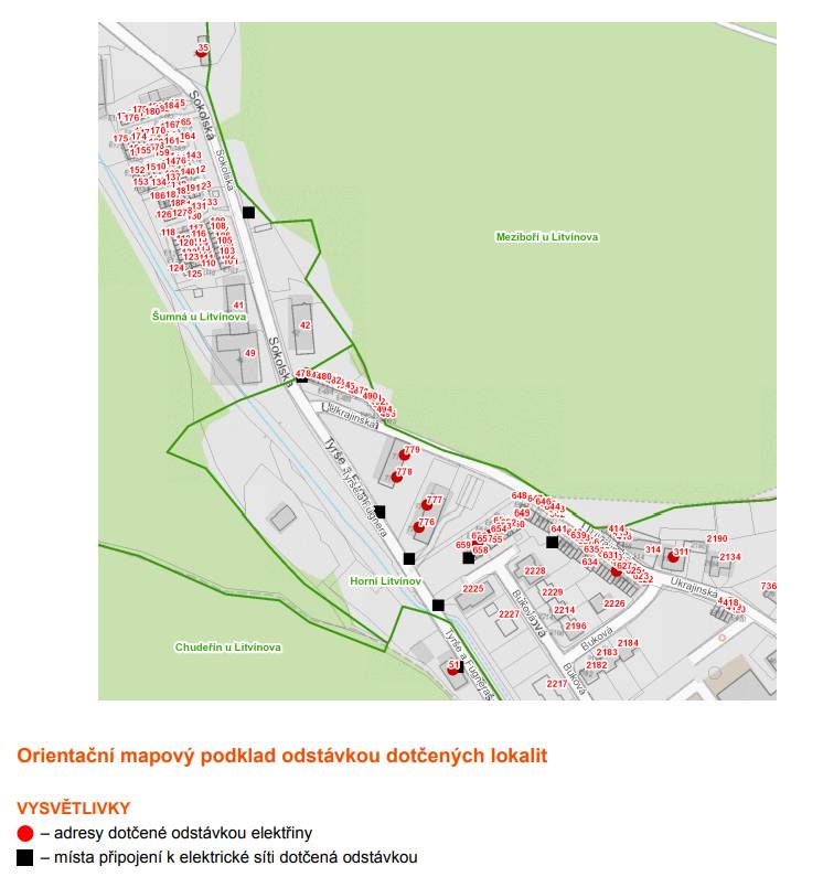 Vážení občané, tímto si Vás dovolujeme upozornit na odstávku elektřiny, která se uskuteční dne 11.02.2026 od 07:30 do 15:30 hodin, a to v lokalitě: Horní Litvínov Tyrše a Fügnera: č. p. 776, 777, 778, 779 Ukrajinská: č. p. 311; č. ev. 627, 653, 654, 657 Chudeřín Tyrše a Fügnera: č. p. 51 Šumná Sokolská: č. p. 35