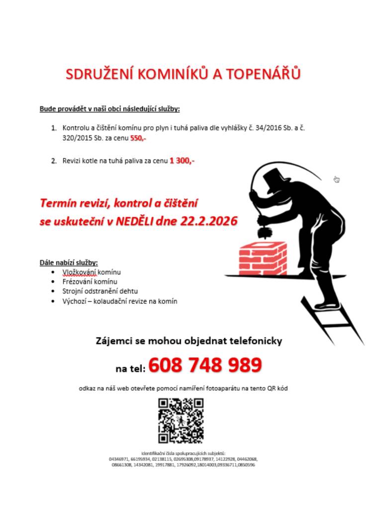 Budou provádět v naší obci kontrolu a čištění komínů, kotlů.