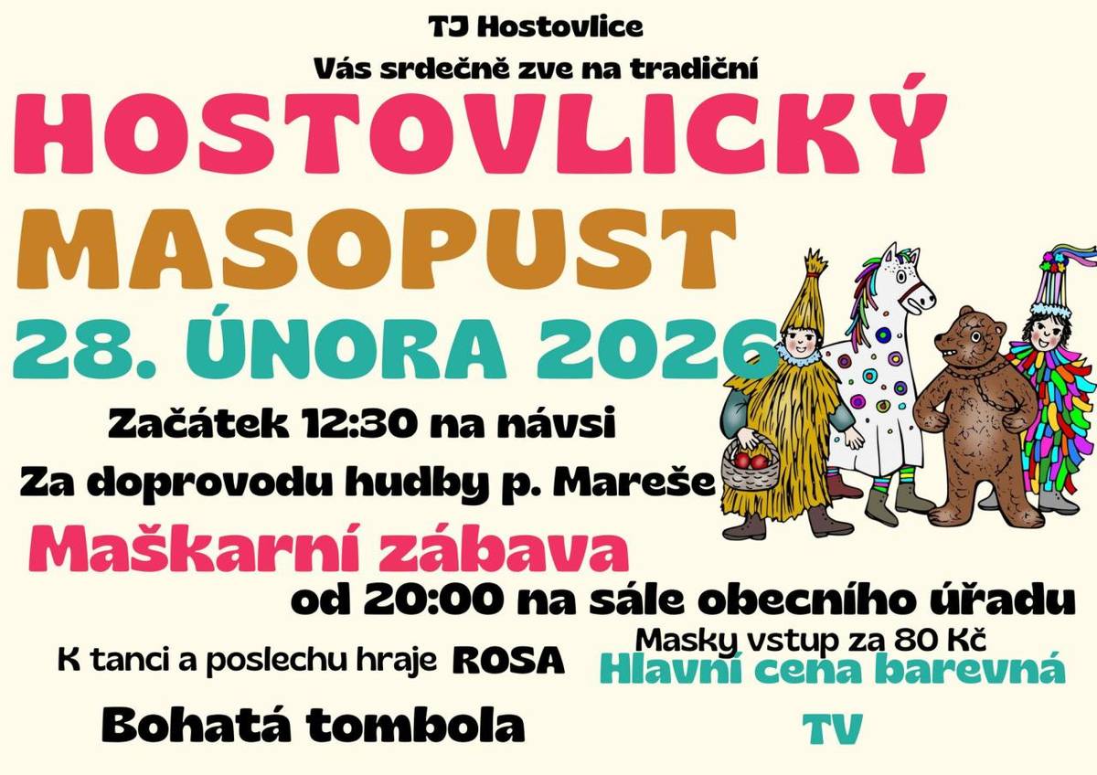 Den zakončíme večerní maškarní tancovačkou v sále obecního úřadu, kde na Vás čeká bohatá tombola. Hlavní cena večerní tomboly je barevná televize. Masky jsou vřele vítány.   Stoly na zábavu si můžete zamlouvat na Messengeru či v Koloniálu p. Musilové nebo na tel. 739 461 363 .