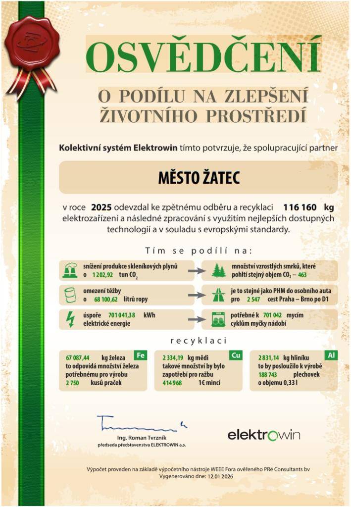 Díky obyvatelům se město Žatec může za rok 2025 pochlubit výsledky sběru vysloužilého elektrozařízení předaného ke zpětnému odběru společnosti Elektrowin o celkové hmotnosti 116,16 tuny.