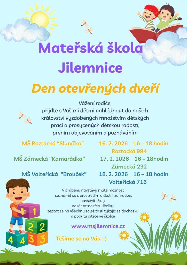 Vážení rodiče,  zveme vás i vaše děti na dny otevřených dveří do mateřských škol v Jilemnici. Přijďte se podívat, jak to ve školkách chodí, nahlédnout do tříd, poznat prostředí i paní učitelky a zeptat se na vše, co vás zajímá.