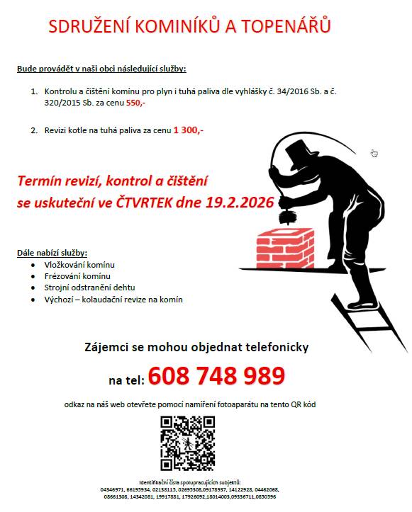 Ve čtvrtek 19. února 2026 se uskuteční revize, kontrola a čištění kotlů. Objednávat se můžete telefonicky od pondělí do pátku v čase 8-16 hodin na čísle 608 748 989. Pro více informací navštivte naše webové stránky pomocí QR kódu.