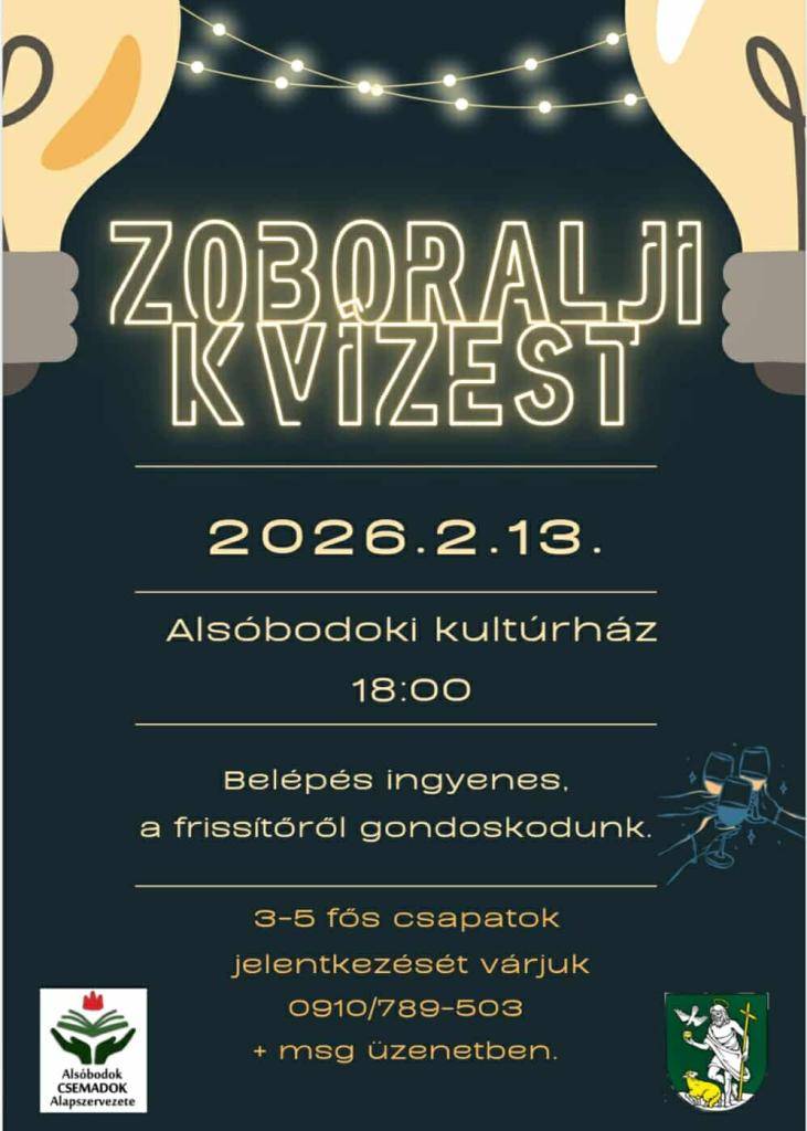 ZO Csemadok v Dolných Obdokovciach Vás srdečne pozýva na kvízový večer, ktorý sa uskutoční 13. februára 2026 v miestnom kultúrnom dome so začiatkom o 18. hod. Vstup je voľný.