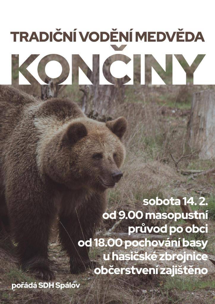 TRADIČNÍ VODĚNÍ MEDVĚDA  sobota 14.2.2026  od 18:00 pochování basy u hasičské zbrojnice