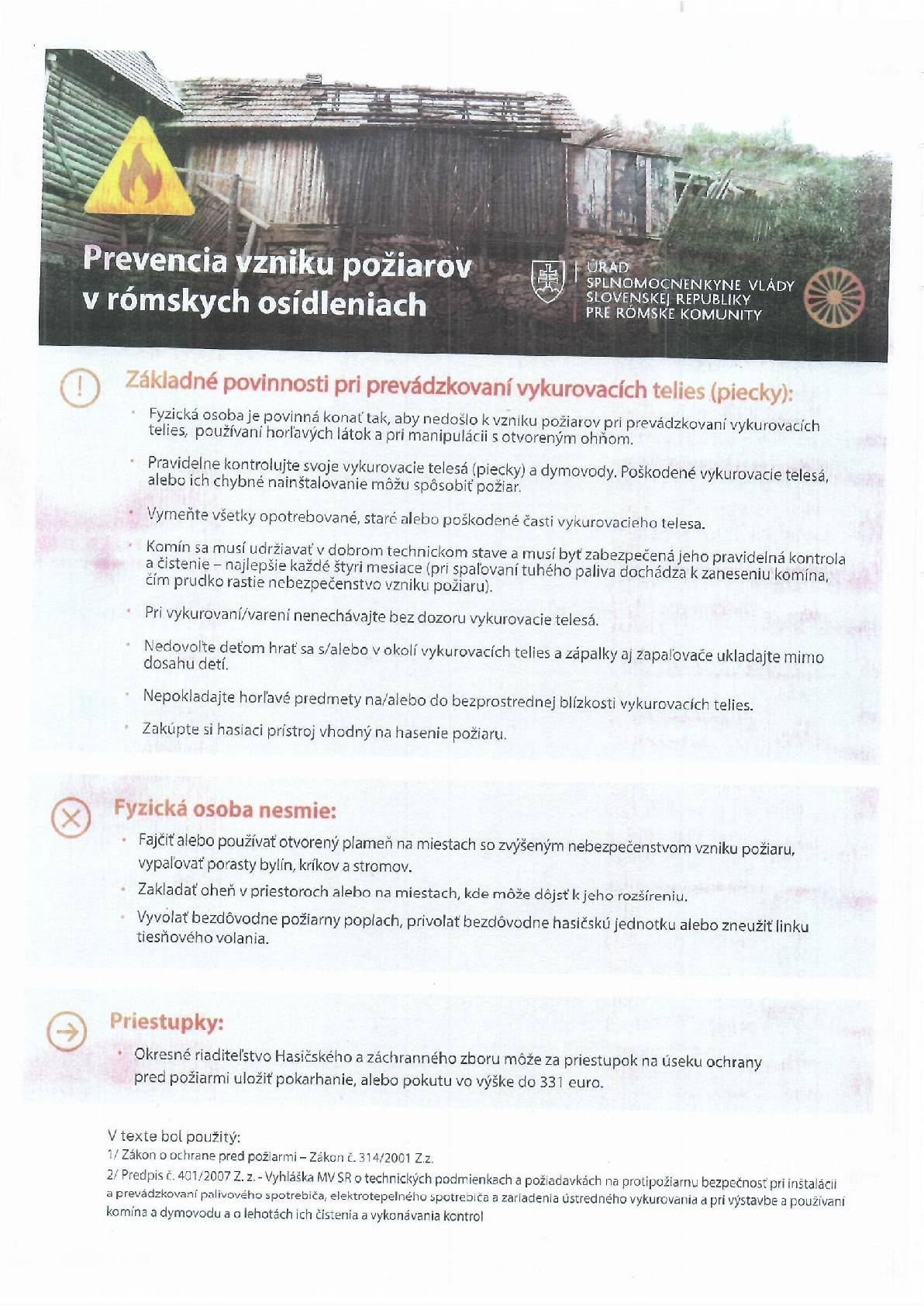Úrad splnomocnenkyne vlády SR pre rómske komunity vydal usmernenie pri prevencií vzniku požiarov v rómskych osídleniach