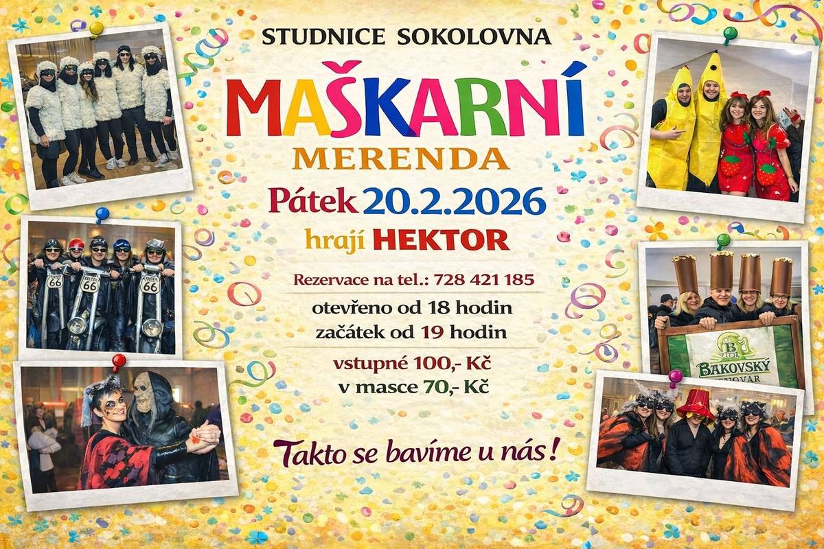 Tradiční maškarní merenda ve studnické sokolovně se koná v pátek 20.2.2026 od 19 hodin.