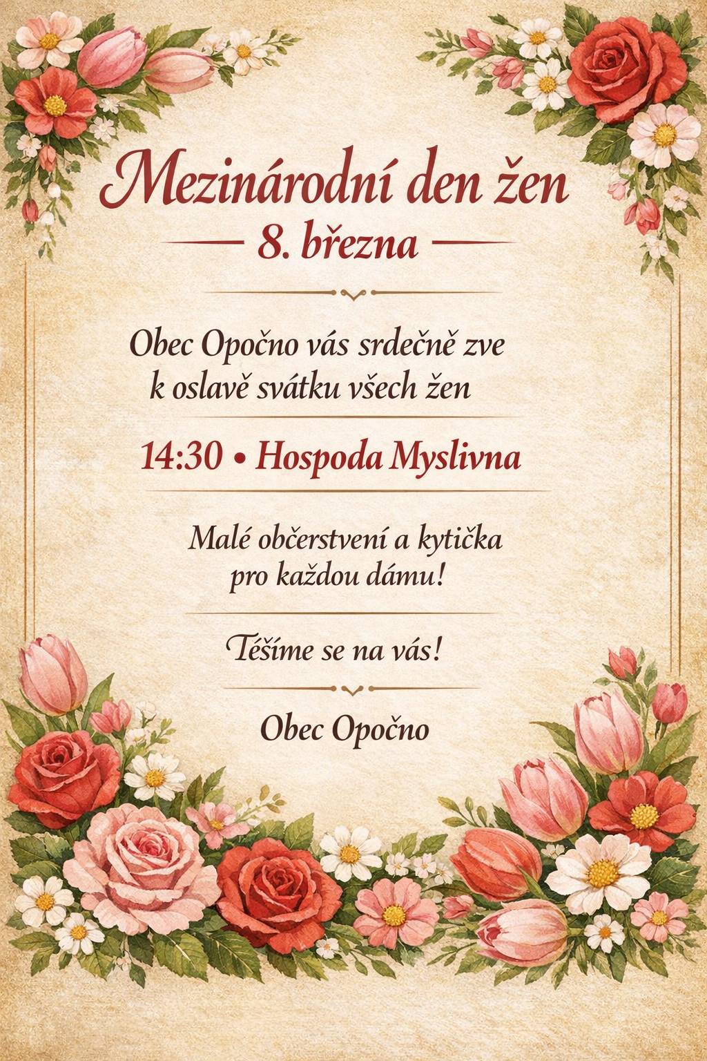 Přijďte oslavit Mezinárodní den žen do Obce Opočno. Akce se koná 8. března v 14:30 v Hospodě Myslivna. Na všechny ženy čeká malé občerstvení a kytička jako dárek.