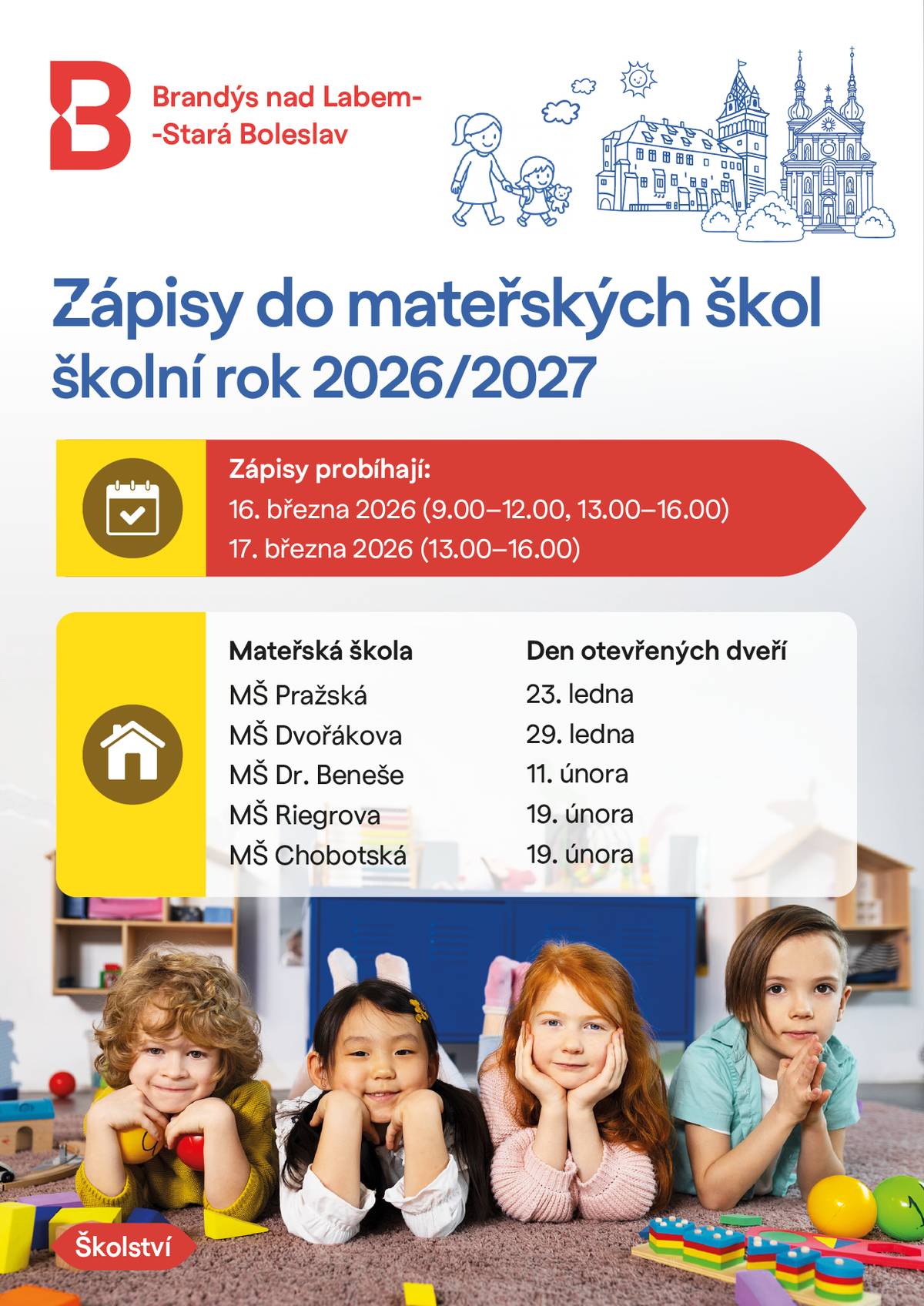 V tomto týdnu začaly elektronické předzápisy do mateřských škol zřizovaných městem. Pohodlnou elektronickou formou přes aplikaci Twigsee můžete své ratolesti zapisovat do pátku 27. února. Elektronický předzápis vám usnadní následný prezenční zápis. Ten proběhne shodně ve všech našich MŠ v pondělí 16. března (9.00–12.00 a 13.00–16.00) a v úterý 17. března (13.00–16.00) Podrobné informace k zápisům najdete na webových stránkách jednotlivých školek: MŠ Pražská  MŠ U Medvídků (Chobotská) MŠ Riegrova MŠ Dr. Beneše (MŠ Límanova vila a MŠ Okružní) MŠ Dvořákova (MŠ U Kohouta a MŠ Třebízského) Poslouží vám také brožurka „První krok do školky,“ kterou pro rodiče vydal Odbor školství MěÚ.