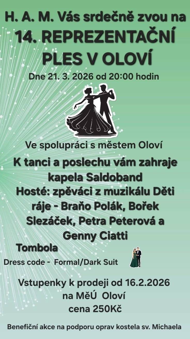 H. A. M. ve spolupráci s městem Oloví Vás srdečně zvou na 14. Reprezentační ples v Oloví, který se uskuteční dne 21.03.2026 od 20:00 hod. na velkém sále kulturního domu.