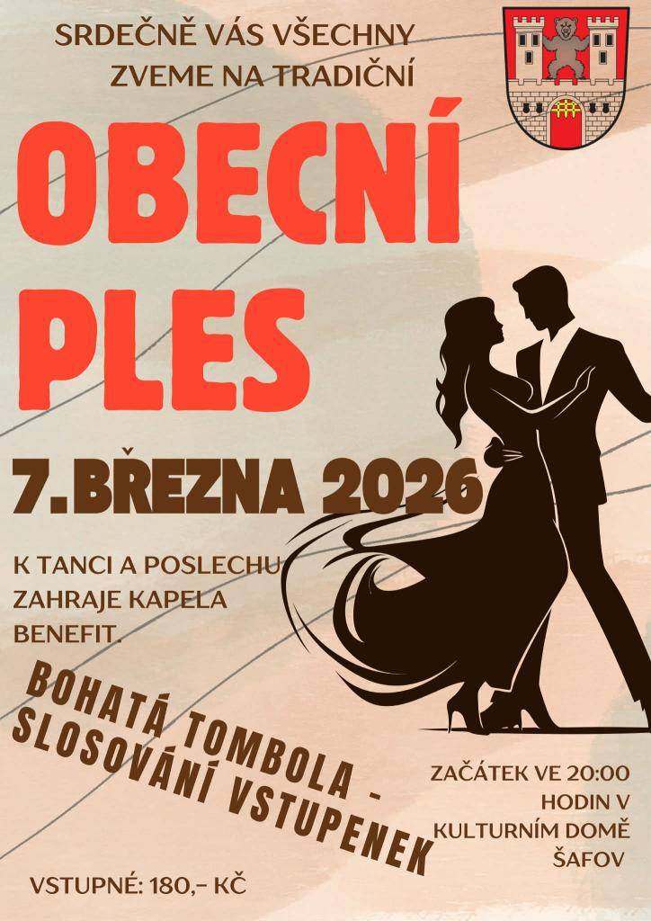 Obec Šafov Vás srdečně zve na ples.  07.březně 2026