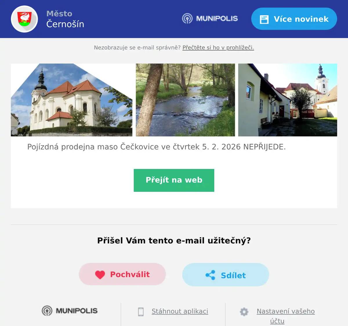 Pojízdná prodejna maso Čečkovice ve čtvrtek 5. 2. 2026 NEPŘIJEDE.