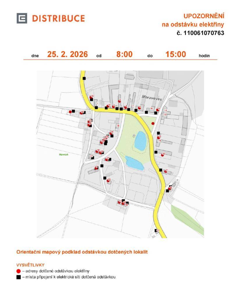 Upozornění na odstávku elektřiny v obci Moravěves dne 25.2.2026 od 8:00-15:00