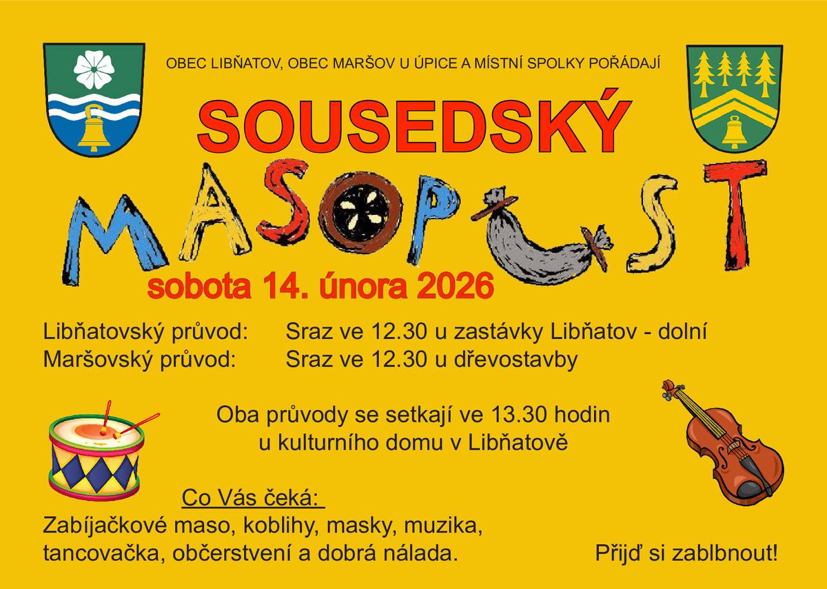 Obce Libňatov a Maršov zvou občany na sousedský masopust, který se bude konat 14. února 2026.