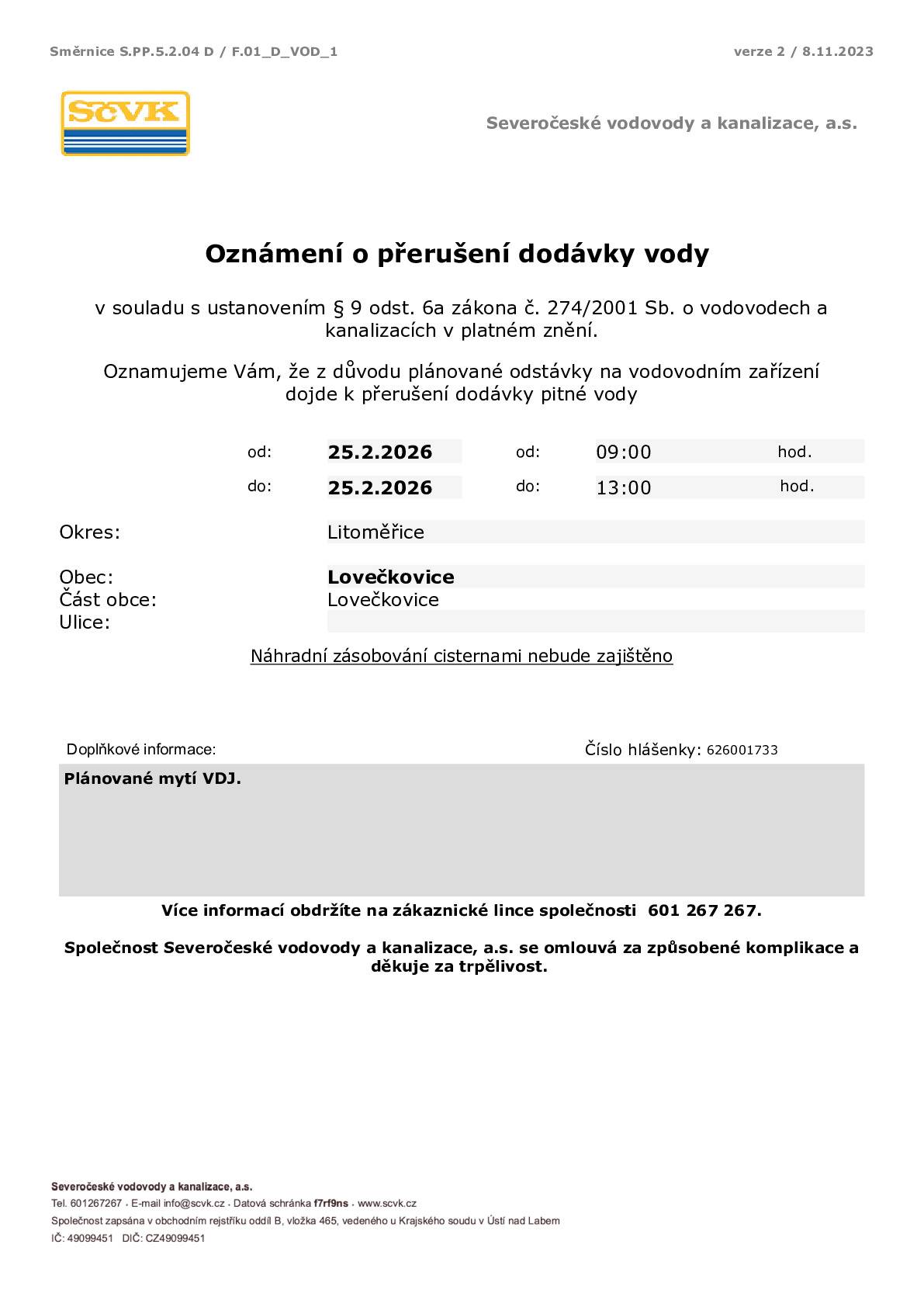 SČVK oznamují, že 25.2.2026 od 9:00 - 13:00 dojde k plánované odstávce vody v obci Lovečkovice.