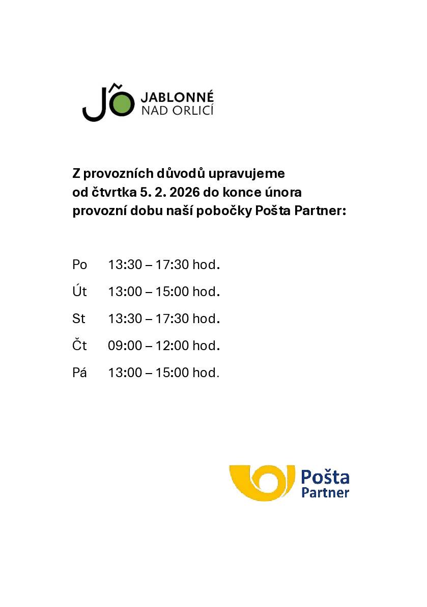 Od čtvrtka 5. února do konce měsíce dochází k úpravě provozní doby Pošty Partner v Jablonném.
