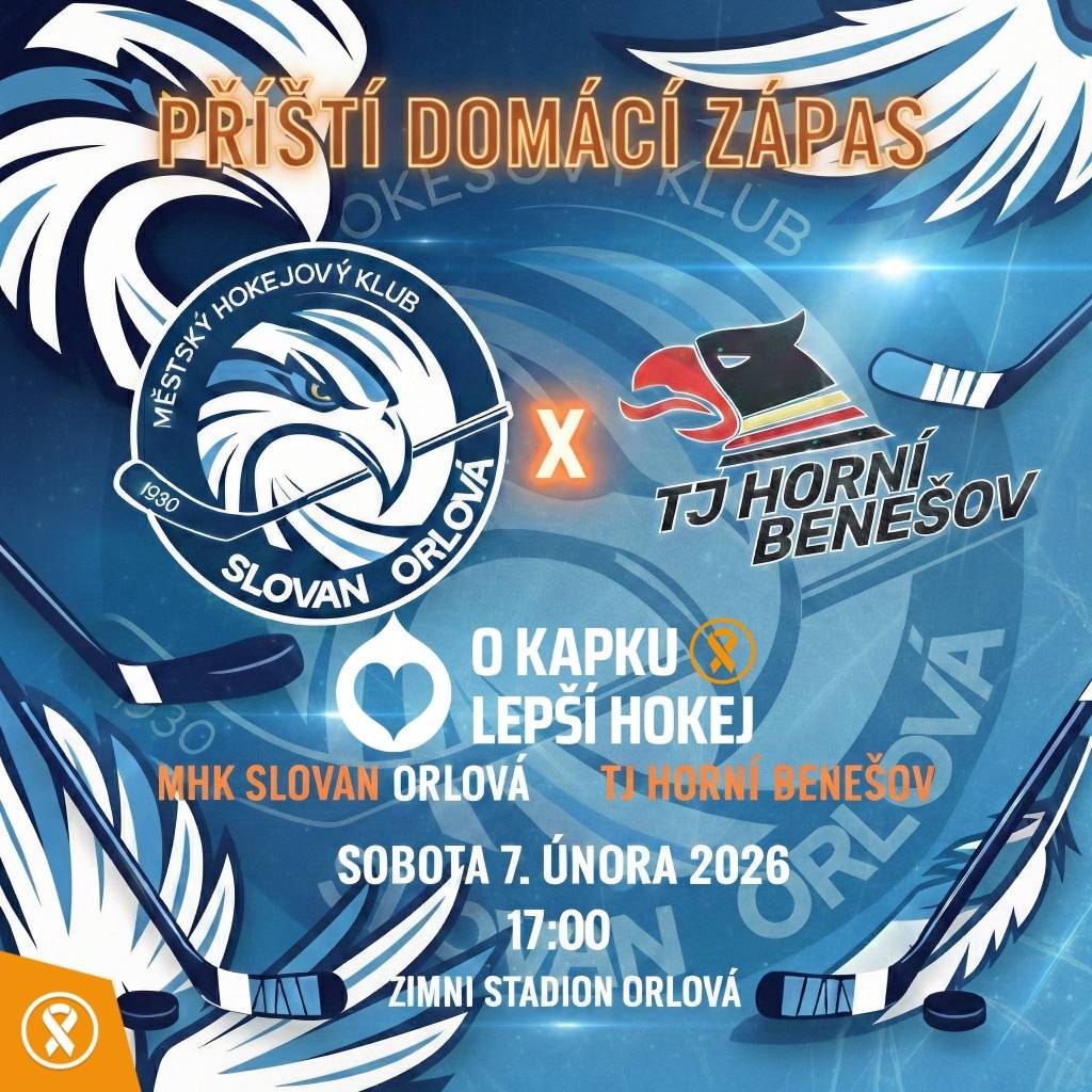 Městský hokejový klub Slovan Orlová zve širokou veřejnost na mimořádné sportovní a společenské setkání na zimním stadionu v Orlové. V sobotu 7. února odehraje Slovan utkání proti Hornímu Benešovu.  „Tento zápas však nebude jen o bodech do tabulky. Náš klub se hrdě připojuje k celorepublikovému projektu O kapku lepší hokej, kter...