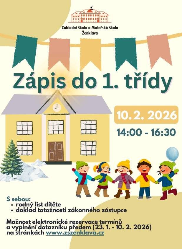 Základní škola Ženklava oznamuje, že zápis do 1. třídy proběhne v úterý 10. února 2026 od 14:00 do 16:30 v budově školy. K zápisu je nutné přinést rodný list dítěte a občanský průkaz zákonného zástupce. Elektronická rezervace termínu a možnost vyplnit dotazník předem jsou dostupné od 23. ledna do 10. února na stránkách školy www.zszenklava.cz.