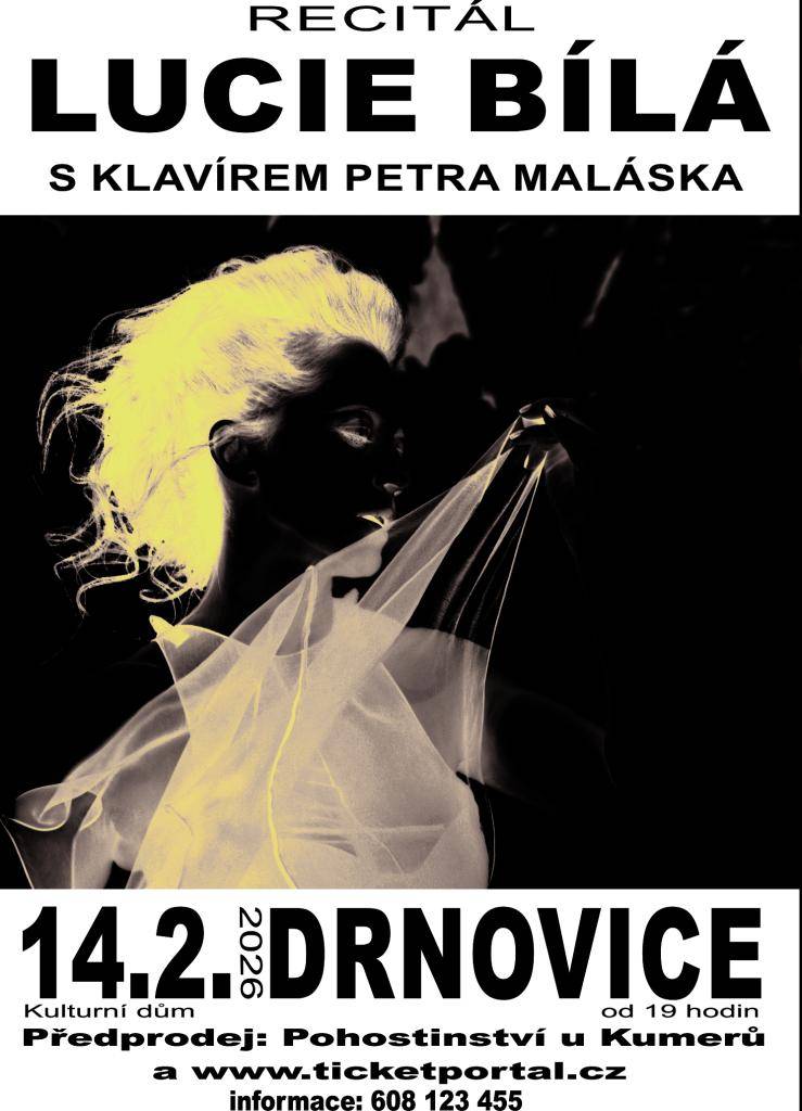 Recitál Lucie Bílé se bude konat 14.2. v Drnovicích, koncert Davida Kollera 24.4.2026, také v Drnovicích.