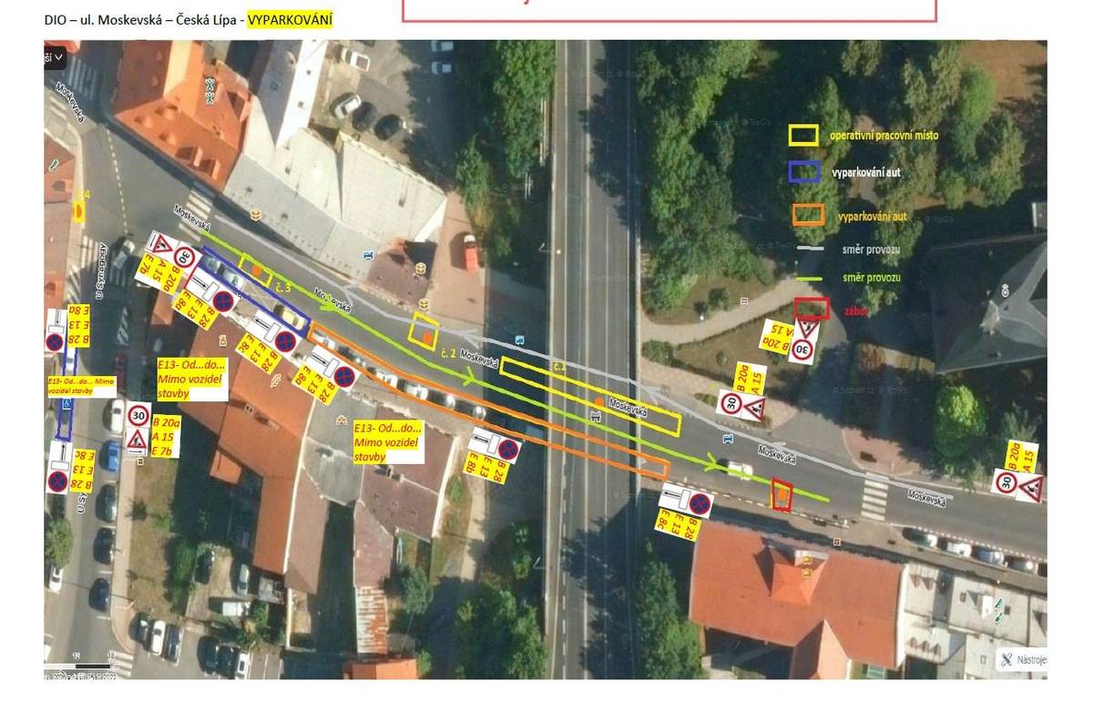 Vážení občané, upozorňujeme, že od čtvrtka 5. února do úterý 31. března 2026 je platná částečná uzavírka v Moskevské ulici (od křižovatky s ulicí U Synagogy po odbočku k městskému hřbitovu), kde bude probíhat oprava kanalizace a na vozovce se tak budou pohybovat stroje a lidé. Bude se jednat jen o částečnou uzavírku, která bude spojená s omezením parkování v tomto místě – viz plánek, ulice zůstane s opatrností obousměrně průjezdná. Děkujeme za pochopení a respektování dopravního značení. město Česká Lípa