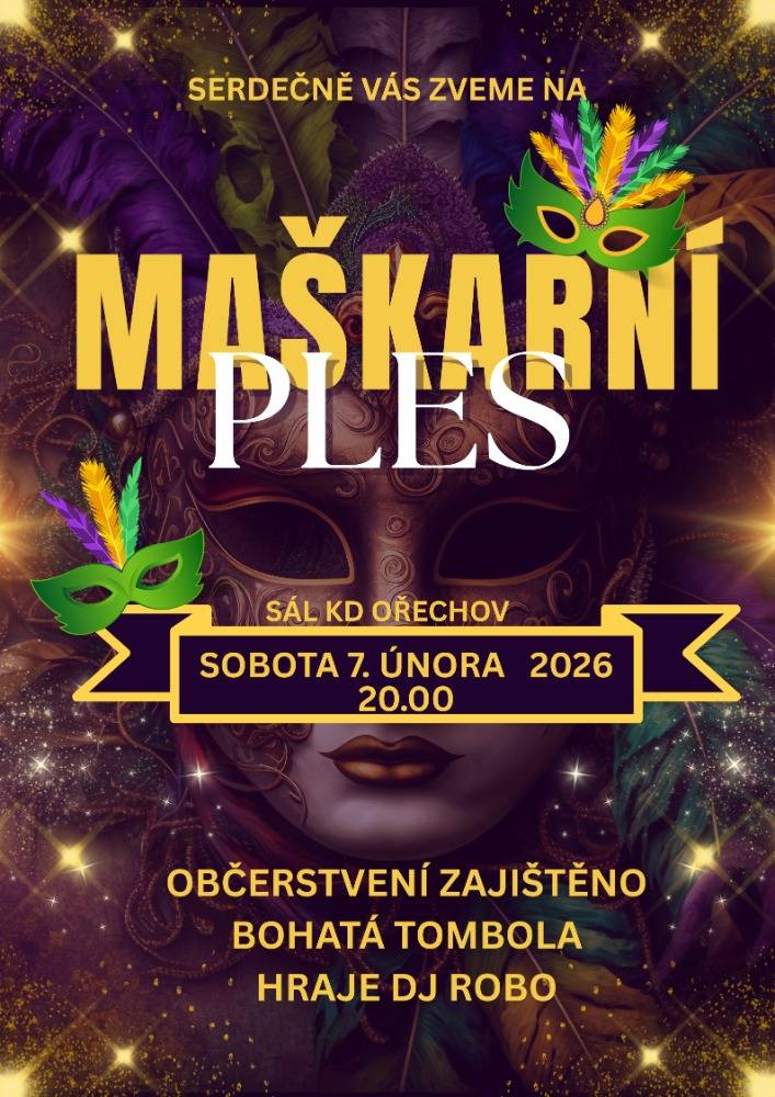 Pozvánka na Maškarní ples v Ořechově v sobotu 7.2.2026