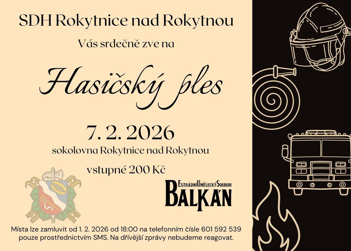 SDH Rokytnice nad Rokytnou srdečně zve na ples a nabízí poslední volná místa. Zájemci si mohou místo zarezervovat na tel. čísle 601 592 539.