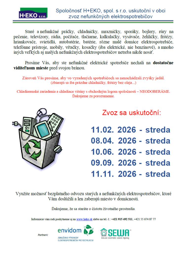 Termíny zberu elektroodpadu v roku 2026.