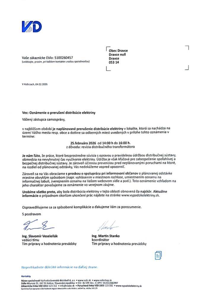 Oznámenie o prerušenie distribúcie elektriny v čase od 25. februára 2026 od 14:00hod. do 16:00 hod. z dôvodu revízie distribučného transformátora