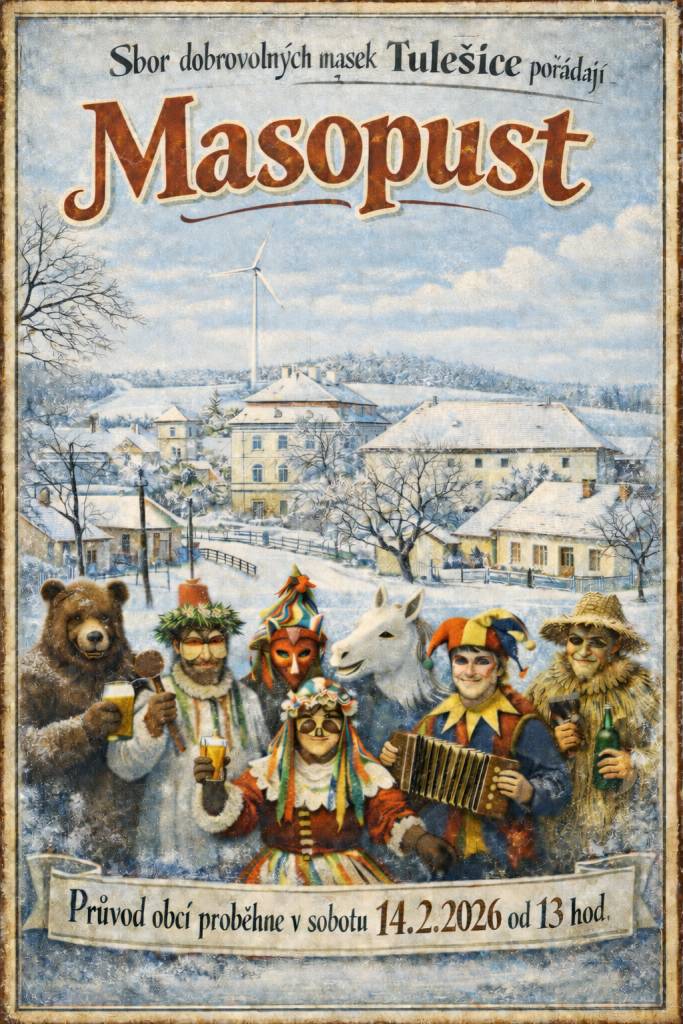 Sbor dobrovolných masek Tulešice pořádají Masopust. Průvod masek obcí proběhne v sobotu 14.2.2026 od 13hod.