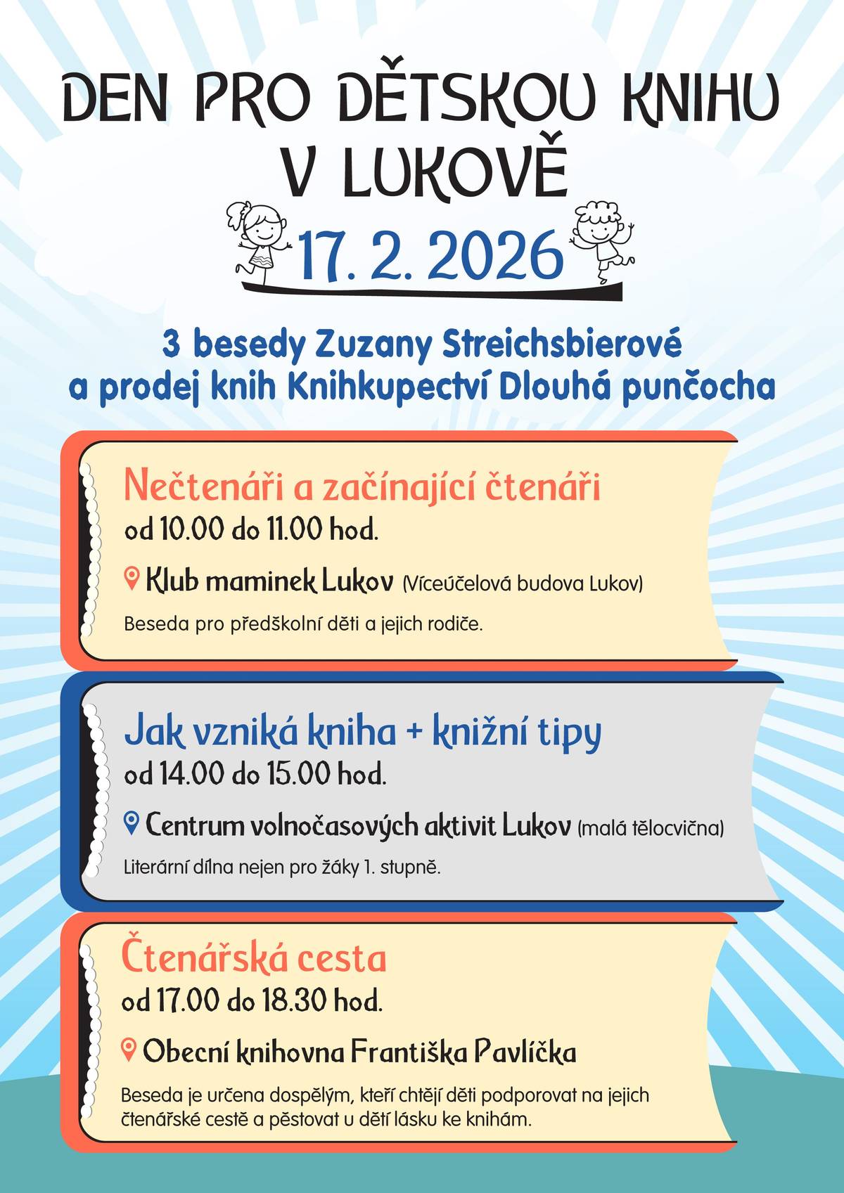 3 besedy Zuzany Streichsbierové a prodej knih Knihkupectví Dlouhá punčocha 17. 2. 2026 Více informací ZDE
