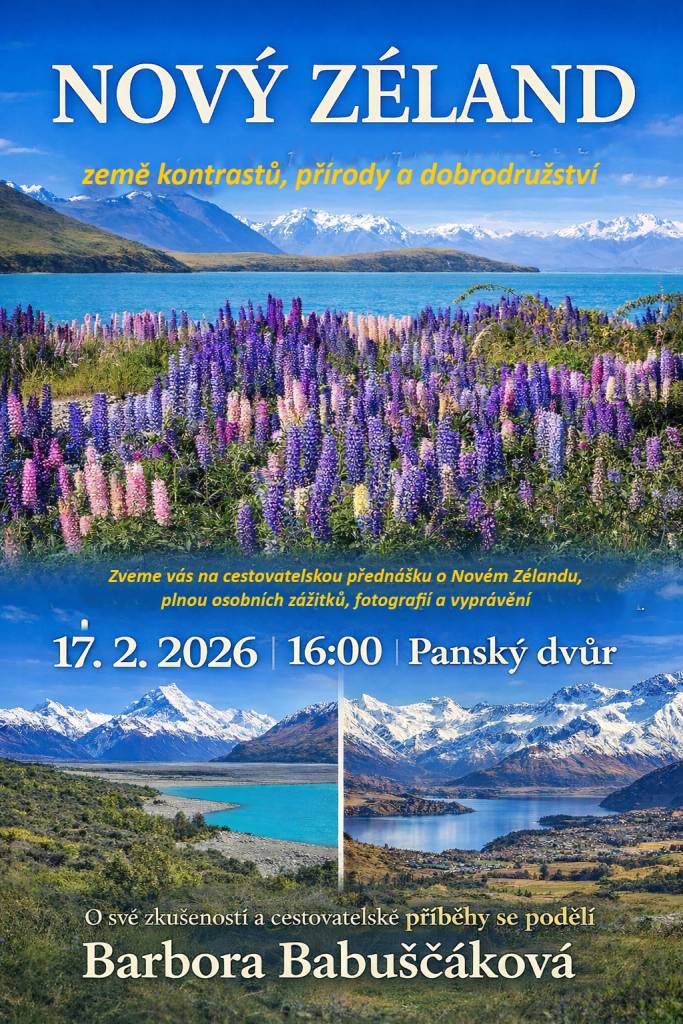 Zveme vás na besedu o Novém Zélandu, o své cestovatelské příběhy se podělí Bára Babuščáková.