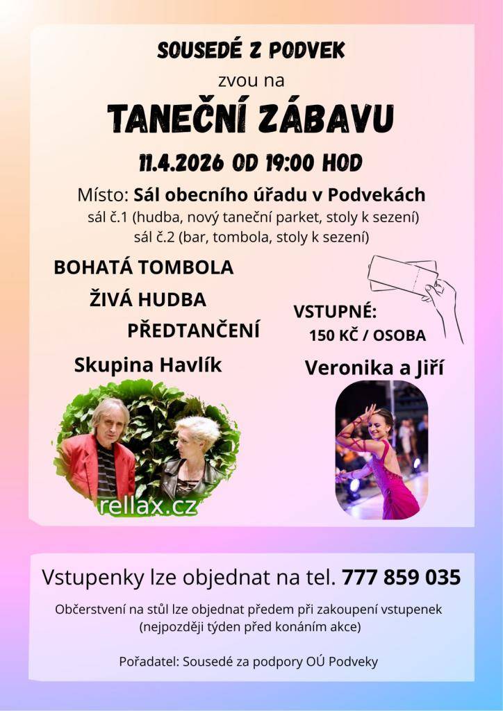 Obec Podveky pořádá tanční zábavu