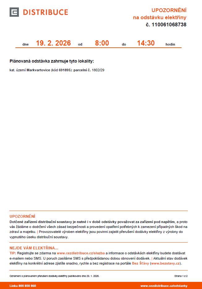 Dne 19. února 2026 proběhne plánovaná odstávka elektřiny v Markvartovicích od 8:00 do 14:30 hodin, která se bude týkat těchto lokalit (viz. příloha).