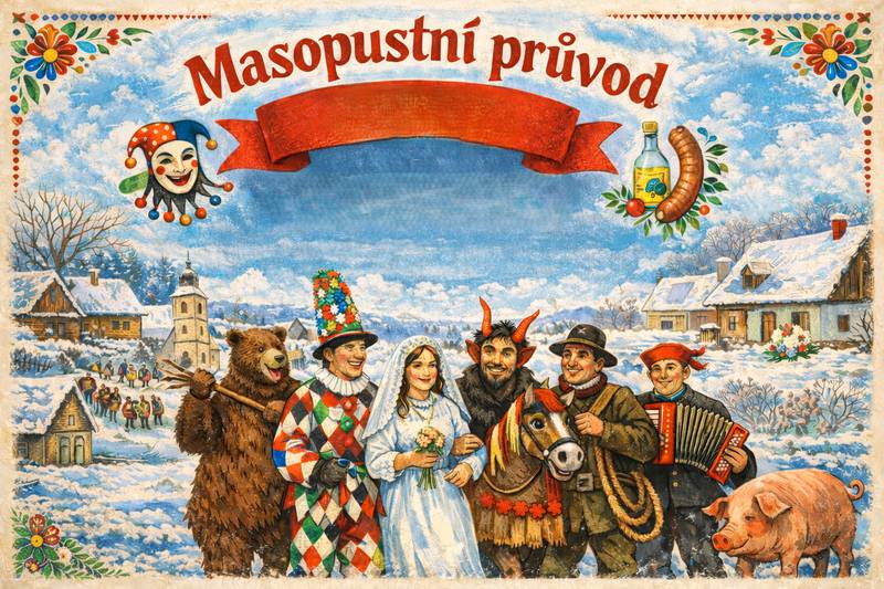 V sobotu 21.února se uskuteční tradiční masopustní průvod masek. Sraz účastníků je naplánován na 12:30 na KD.    Do průvodu se mohou zapojit malé i velké masky – fantazii se meze nekladou. Přijďte se pobavit a společně udržet masopustní tradici.    Srdečně zvou hasiči a OÚ