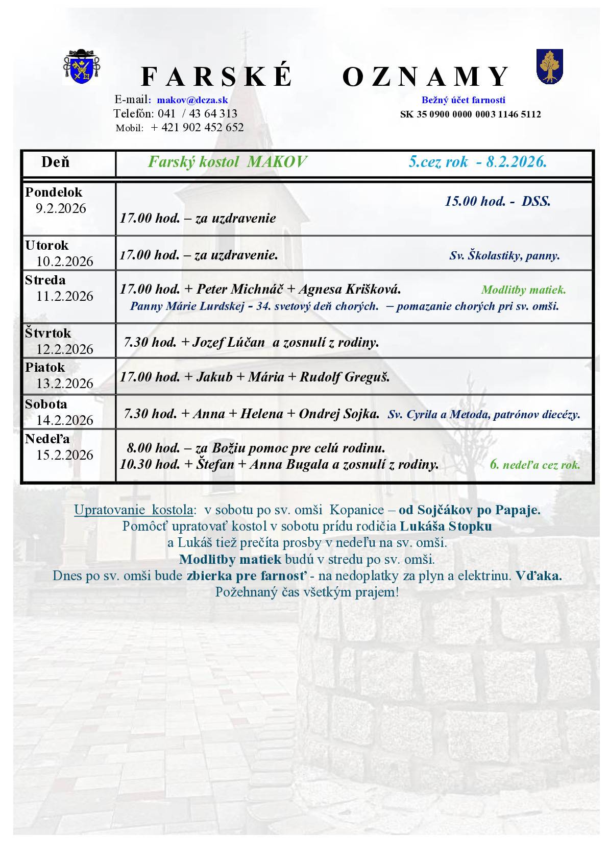 Farské oznamy od 09.02.2026 do 15.02.2026