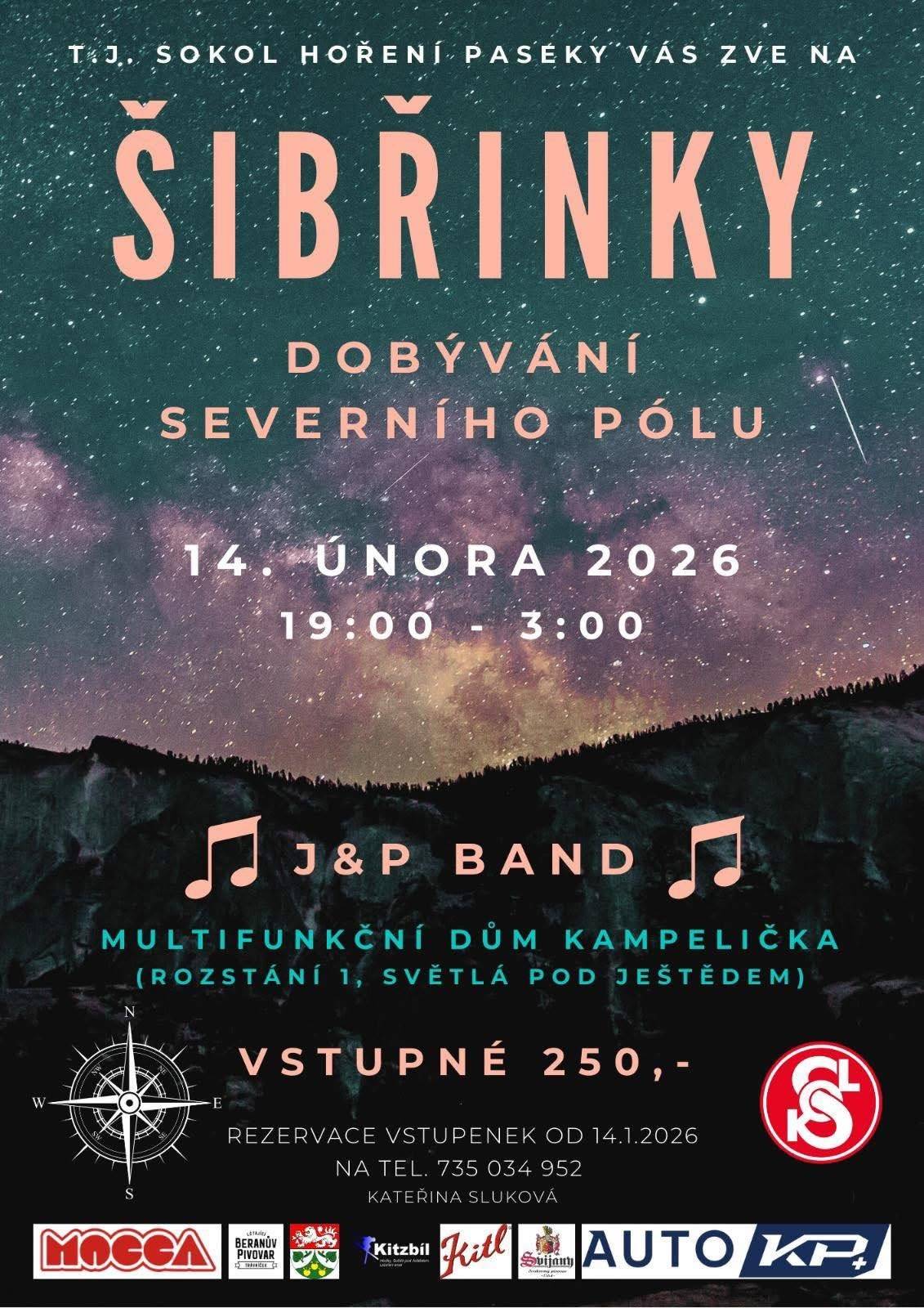 Milí spoluobčané, srdečně Vás zveme na tradiční šibřinky, které se uskuteční už tuto sobotu 14. 2. 2026 📅 🎟️ Rezervace lístků na tel. čísle: 735 034 952 Neváhejte, zamluvte si své místo a přijďte se pobavit! Těšíme se na Vás. T. J. Sokol Hoření Paseky