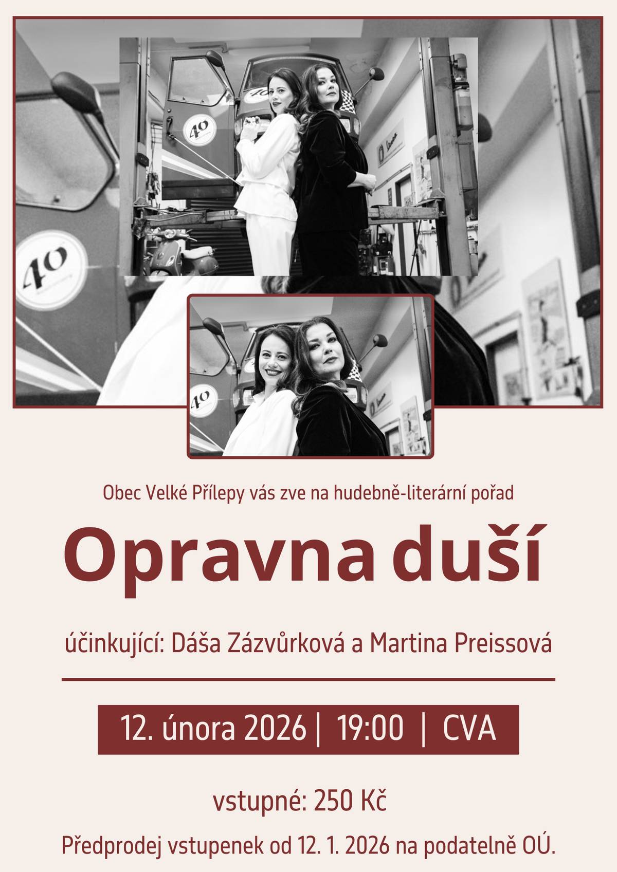 Zveme Vás tento týden na následující akce: 🃏 Karetní dopoledne Pro koho: určeno dospělým hráčům Kdy: úterý 10. 2. 2026, 13:00–16:00 Kde: knihovna Vstupné: zdarma 🎭 Opravna duší Hudebně-literární večer plný emocí, humoru i nadhledu. Setkání s texty, které pohladí, a hudbou, která zůstane. Kdy: čtvrtek 12. 2. 2026 od 19:00 Kde: CVA Vstupné: 250 Kč 🎿 Valentýnské lyžování na Hochfichtu Autobusový zájezd na oblíbený Hochficht pro milovníky zimních sportů. Kdy: sobota 14. 2. 2026 Poznámka: pouze pro přihlášené, přihlášky do 12. února Další akce v obci Hříšní lidé království českého – beseda s V. Vondruškou 19. 2. 2026, 18:00, Galerie U Korychů