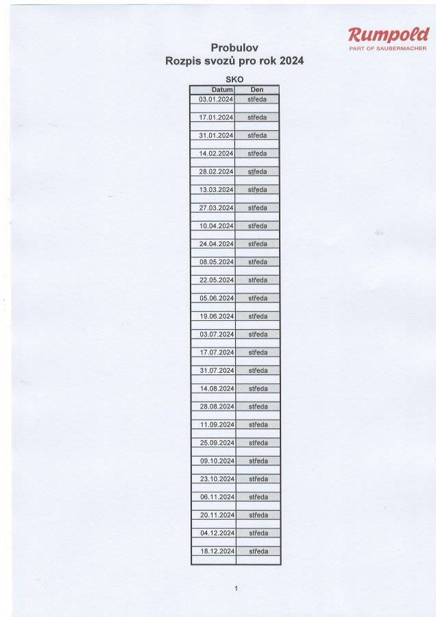 Rozpis svozů směsného komunálního odpadu pro rok 2024